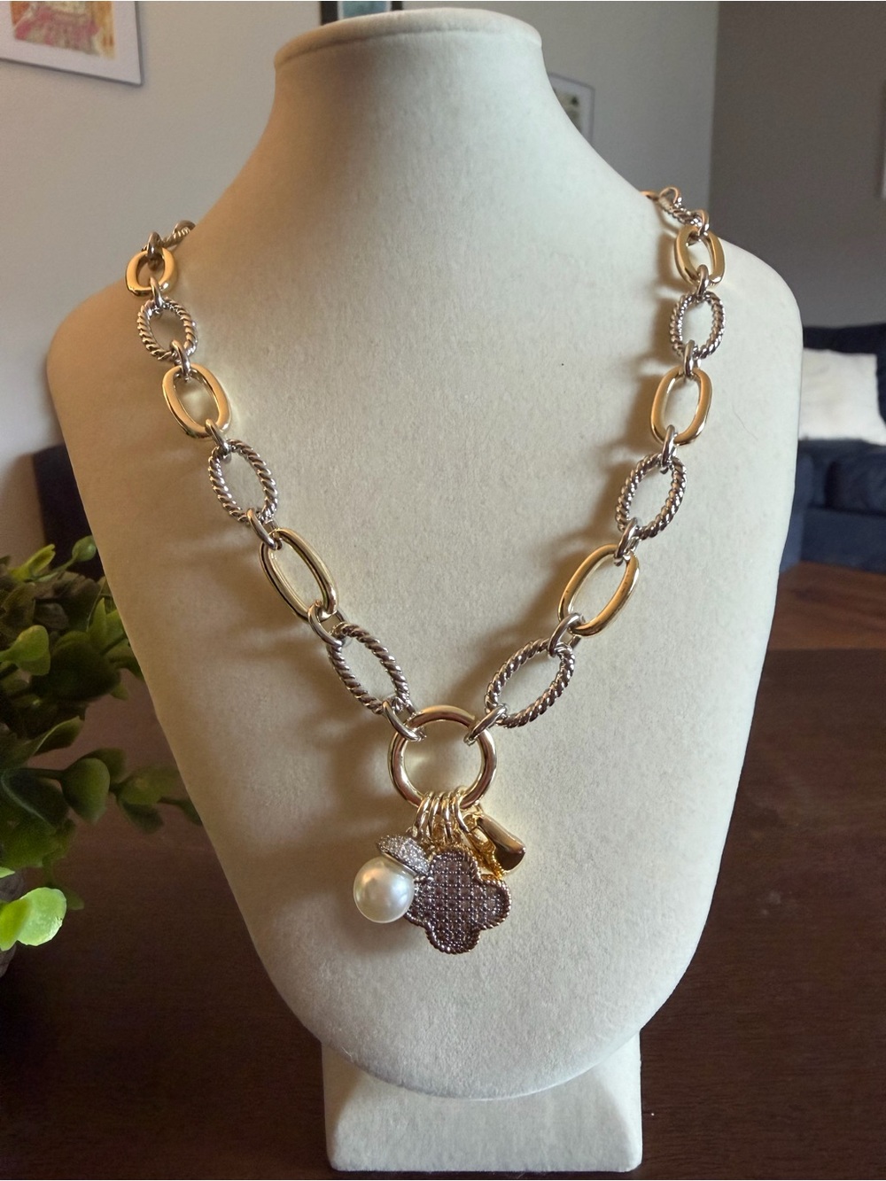 Gold-Tone Link Necklace with Pearl & Clover Charm